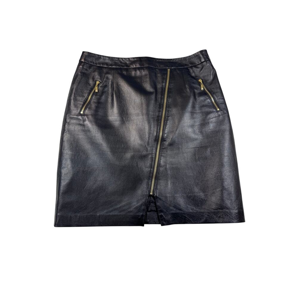 Boston Proper Black Genuine Leather Pencil Skirt Size 10 Gold Zip Moto